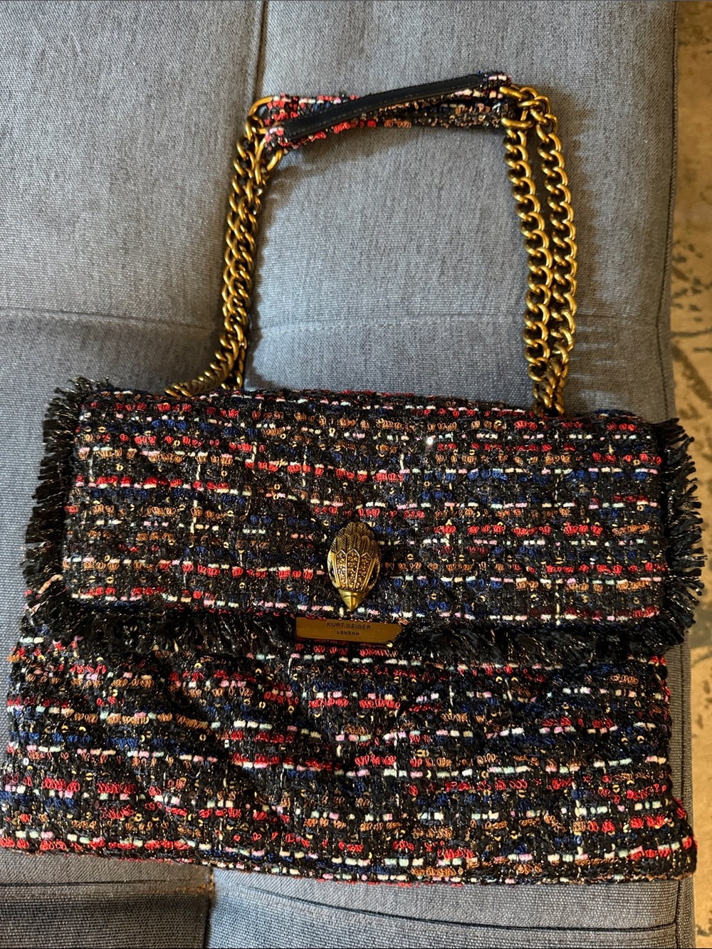 Kurt Geiger Tweed Chain Shoulder Bag in Red, Blue & Black - Picture 6 of 12